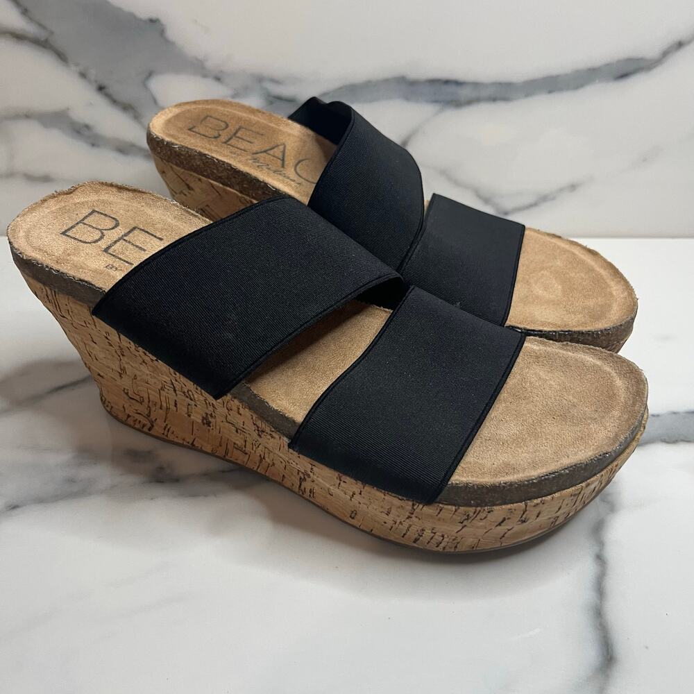 Beach by Matisse Wmns Black Strap Cork Wedge Bare All Sandals Sz 8 Beachy Resort